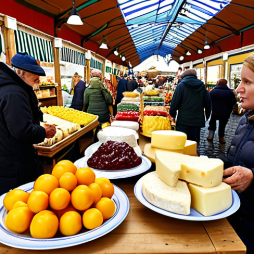 **Image Prompt:** Bustling Swedish market scene. Focus on fresh produce, vendors interacting with customers, colorful displays of local cheeses and preserves, emphasizing the vibrant atmosphere.