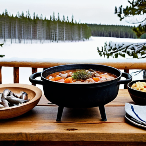 **

A rustic wooden table laden with Norrland delicacies. Centerpiece: A hearty reindeer stew simmering in a cast iron pot. Around it, dishes of pickled herring, cloudberry jam glistening in small jars, and various smoked fish. Background: A snowy landscape with pine trees. Style: Warm, inviting, and traditionally Swedish.

**