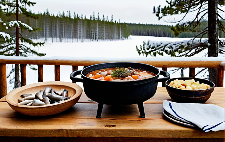 **
A rustic wooden table laden with Norrland delicacies. Centerpiece: A hearty reindeer stew simmering in a cast iron pot. Around it, dishes of pickled herring, cloudberry jam glistening in small jars, and various smoked fish. Background: A snowy landscape with pine trees. Style: Warm, inviting, and traditionally Swedish.
**